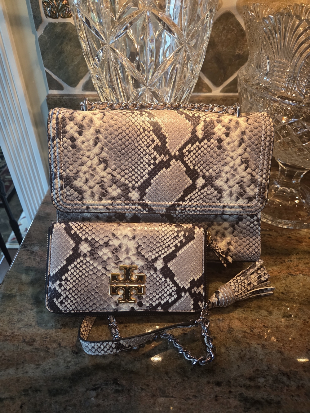 Tory Burch Snake-Print Chain Crossbody Bag And Wallett in Gray